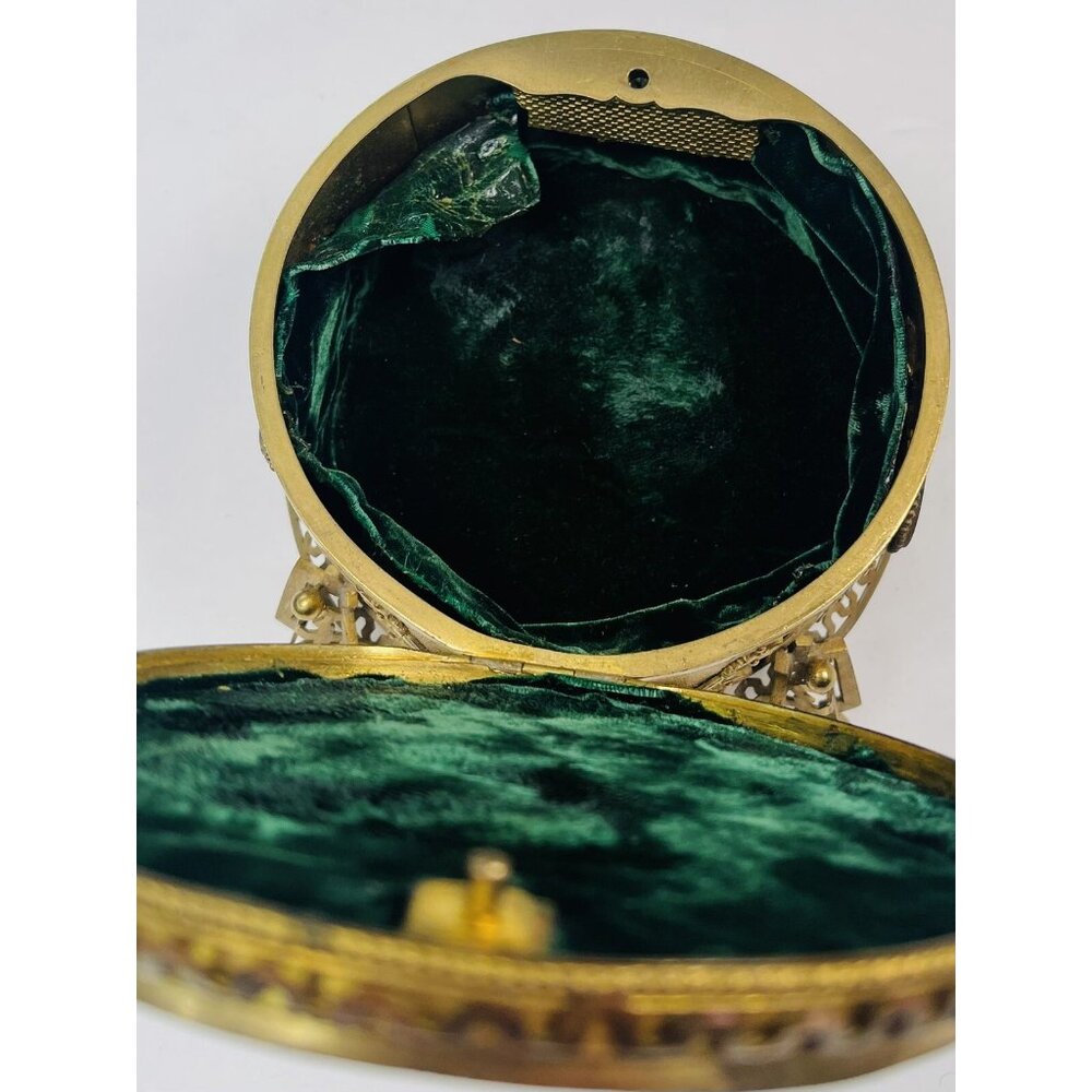 Antique 6.5" Pietra Dura Micromosaic Round Gilt-Bronze JEWELRY BOX w/ Velvet Key - Picture 11 of 12